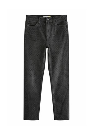Mustad denim püksid, millel on istuv disain, augulised detailid, viis taskut ning klassikaline vöökoht nupuga sulgemisega.