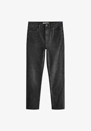 Zwarte denim jeans met een slim fit ontwerp, perforaties over de hele broek, vijf zakken en een klassieke tailleband met een knoopsluiting.