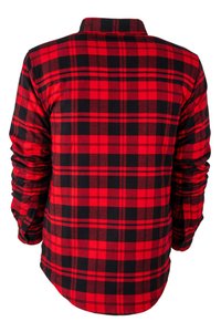 Camisa de franela a cuadros rojos y negros, de manga larga, con cuello abotonado, textura suave, dobladillo redondeado, con patrones de cuadros negros y rojos bien definidos.