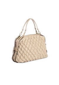 Borsa a tracolla beige trapuntata con rifiniture nere, manici superiori doppi e accessori in ottone dorato. Presenta una forma strutturata e una superficie testurizzata.