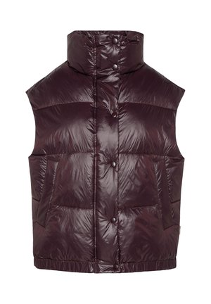 Burgunderfarbene Steppweste mit hohem Kragen, Druckknöpfen und zwei vorderen Taschen. Glattes, glänzendes Material mit gestepptem Textur und elastischem Saum.