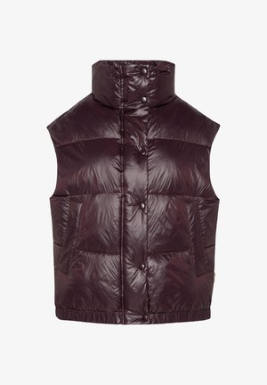 Burgunderfarbene Steppweste mit hohem Kragen, Druckknöpfen und zwei vorderen Taschen. Glattes, glänzendes Material mit gestepptem Textur und elastischem Saum.