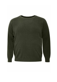 Pull en maille côtelée vert foncé, à col rond et manches longues. Présente une coupe décontractée et un tissu lisse. Design simple et polyvalent.