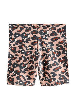 Elastické šortky s ružovým základom a celoplošným vzorom leopardej potlače v čiernej, tmavočervenej a bielej farbe.