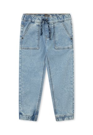 Pantalones jogger de mezclilla azul claro con cintura y puños elásticos, bolsillos delanteros tipo parche y cuerda ajustable color azul marino.