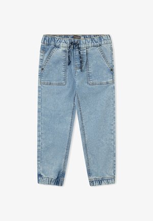 Pantalones jogger de mezclilla azul claro con cintura y puños elásticos, bolsillos delanteros tipo parche y cuerda ajustable color azul marino.