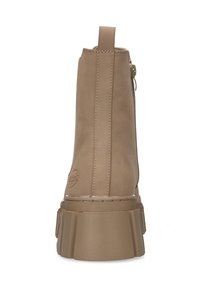 Beige Knöchelstiefel mit einem glatten, kunstledernen Obermaterial, einer dicken Plattformsohle und einem Reißverschluss auf der Rückseite für einfachen Einstieg. Mit einer Zuglasche ausgestattet.