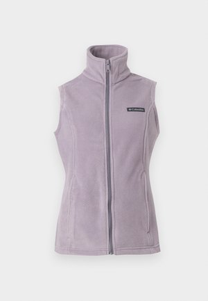 Ärmellose lavendelfarbene Fleeceweste mit hohem Kragen, Frontreißverschluss, zwei Seitentaschen und Columbia-Logo auf der linken Brust.