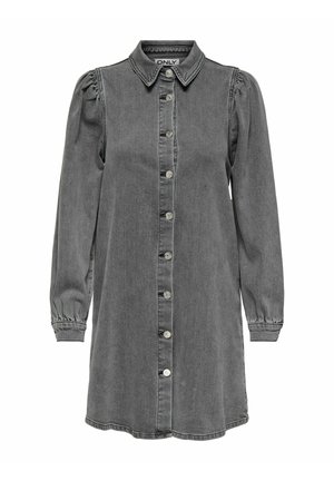 Denim shirt dress in faded grey, features a collar, long puffed sleeves with elastic cuffs, front button closure, and subtle stitching details.