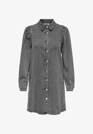 Faded hallhargiga denim kleit, millel on krae, pikad puhvblöödid elastsete mansettidega, eesnuppude sulgemine ja peened õmblusdetailid.