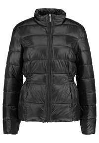 Svart vadderad jacka med hög krage, hel dragkedja, elastisk midja och slät, glänsande väv. Har horisontell sömnad för isolering.