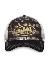 Casquette noire et grise avec un dos en mesh, dotée d'un motif camouflage et d'un logo "Von Dutch" brodé en jaune, visière courbée avec double couture.