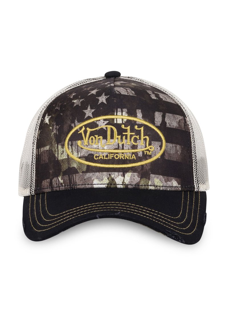 Casquette noire et grise avec un dos en mesh, dotée d'un motif camouflage et d'un logo "Von Dutch" brodé en jaune, visière courbée avec double couture.
