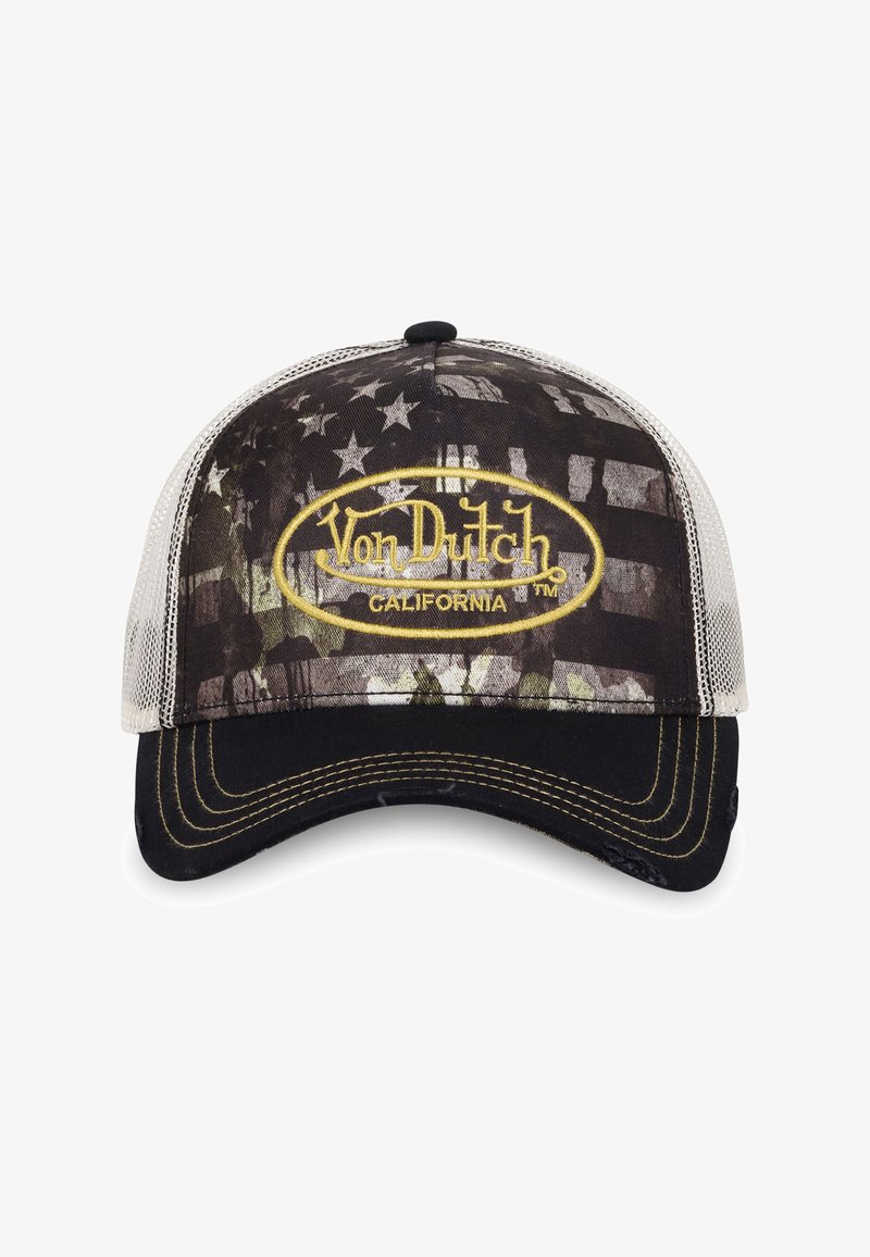 Casquette noire et grise avec un dos en mesh, dotée d'un motif camouflage et d'un logo "Von Dutch" brodé en jaune, visière courbée avec double couture.