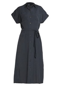 Abito blu scuro con bottoni, maniche corte, cintura con fiocco, due tasche sul petto e bottoni in legno lungo la parte anteriore. Design casual e tessuto leggero.