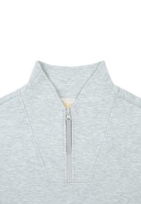 Pull gris clair avec un demi-zip et un col montant. Tissu doux et texturé avec des coutures à plat et un design minimalist.