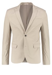 Blazer beige hecho de tela ligera, con cierre de un solo botón, dos bolsillos frontales y diseño de solapa muestrada.
