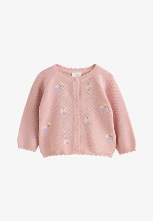 Hellrosa gestrickte Strickjacke mit einem gewellten Kragen, strukturierter Webart und Blumenstickerei in Gelb und Blau, mit fünf Knöpfen vorne.