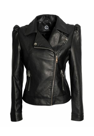 Giacca aderente nera in ecopelle con zip frontale asimmetrica, tasche con zip e spalle leggermente imbottite.