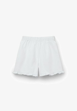 Helle graue Baumwollshorts mit elastischem Bund und Rüschensaum. Sie verfügen über eine lockere Form und eine glatte Textur.