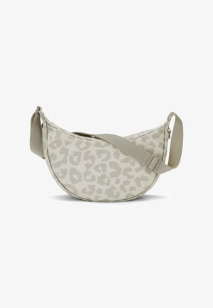 Geantă de umăr bej deschis, în formă de semilună, cu bretea reglabilă și model animal print subtil, expusă pe un fundal alb.