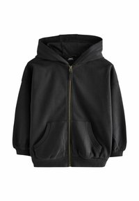 Felpa nera con zip realizzata in tessuto morbido. Presenta un ampio cappuccio, tasche frontali, polsini a costine e una zip dorata decorativa.