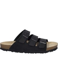 Sandale en suède noir avec trois sangles réglables, semelle en liège et semelle extérieure en caoutchouc texturé pour une meilleure adhérence. Design minimaliste sans marque visible.