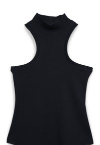 Top senza maniche nero a coste con collo alto. Caratterizzato da un design aderente e una superficie liscia, adatto per essere indossato a strati o da solo.