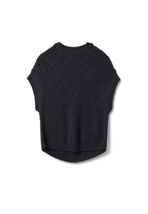 Schwarze ärmellose Strickweste mit Netzmuster, geripptem Kragen, Armausschnitten und Saum, dargestellt auf weißem Hintergrund.