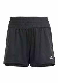 Pantalones cortos deportivos negros hechos de tela ligera con una cinturilla elástica y forro de malla transpirable. Presenta un logo blanco en la parte inferior de la pierna izquierda.