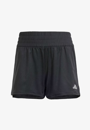 Pantalones cortos deportivos negros hechos de tela ligera con una cinturilla elástica y forro de malla transpirable. Presenta un logo blanco en la parte inferior de la pierna izquierda.