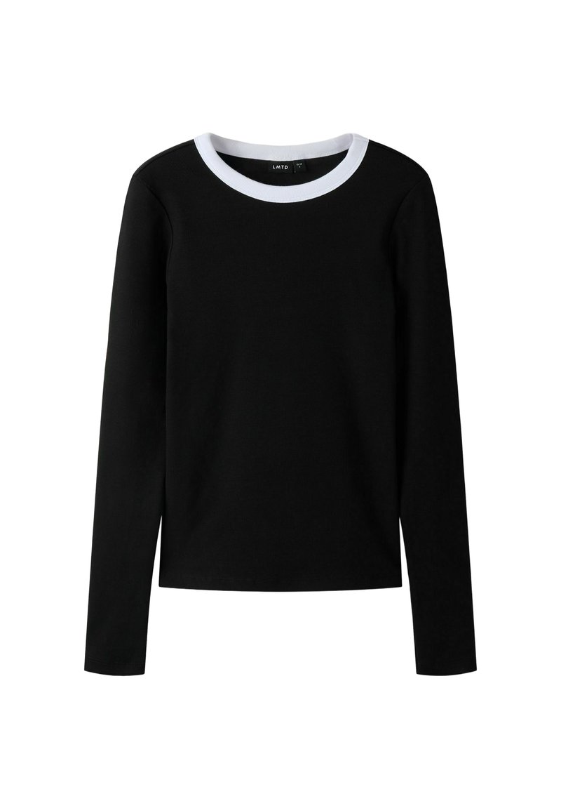 Zwart shirt met lange mouwen en een ronde hals, voorzien van een witte geribbelde kraag. Gemaakt van zachte stof, met een gladde textuur en een minimalistisch design.