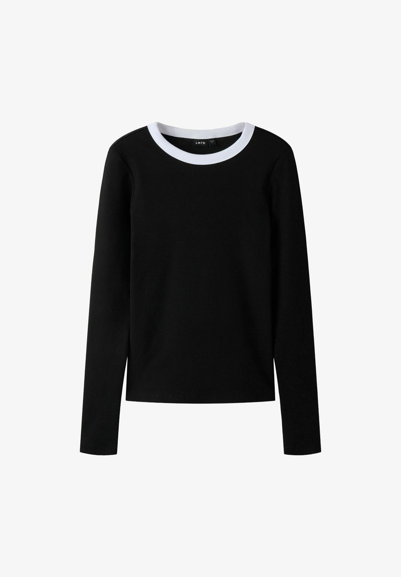 Czarny top z długim rękawem i okrągłym dekoltem, z białym prążkowanym kołnierzykiem. Wykonany z miękkiego materiału o gładkiej fakturze i minimalistycznym designie.