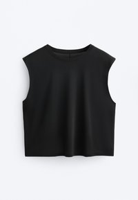 Czarny, bezrękawnikowy krótki top z okrągłym dekoltem, wyłożony na płasko na białym tle.