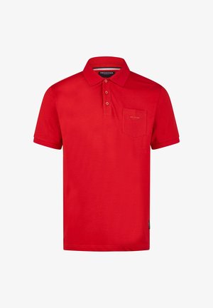 Rotes Polo-Shirt aus Baumwolle mit einer Knopfleiste mit drei Knöpfen, einer kleinen Brusttasche und kurzen Ärmeln. Glatte Textur ohne Muster.