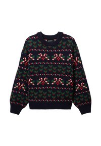 Pull en maille navy à col rond. Présente des motifs de cannes en sucre et de houx en rouge et vert. Manches et ourlet côtelés. Tissu doux et texturé.