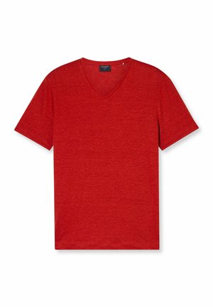 Rotes V-Neck T-Shirt aus leichtem Stoff. Kurze Ärmel, lockere Passform, mit subtiler Textur und ohne sichtbare Muster oder Akzente.