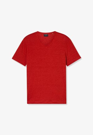 Red V-neck t-shirt made of lightweight fabric. Short sleeves, relaxed fit, with a subtle texture and no visible patterns or accents.