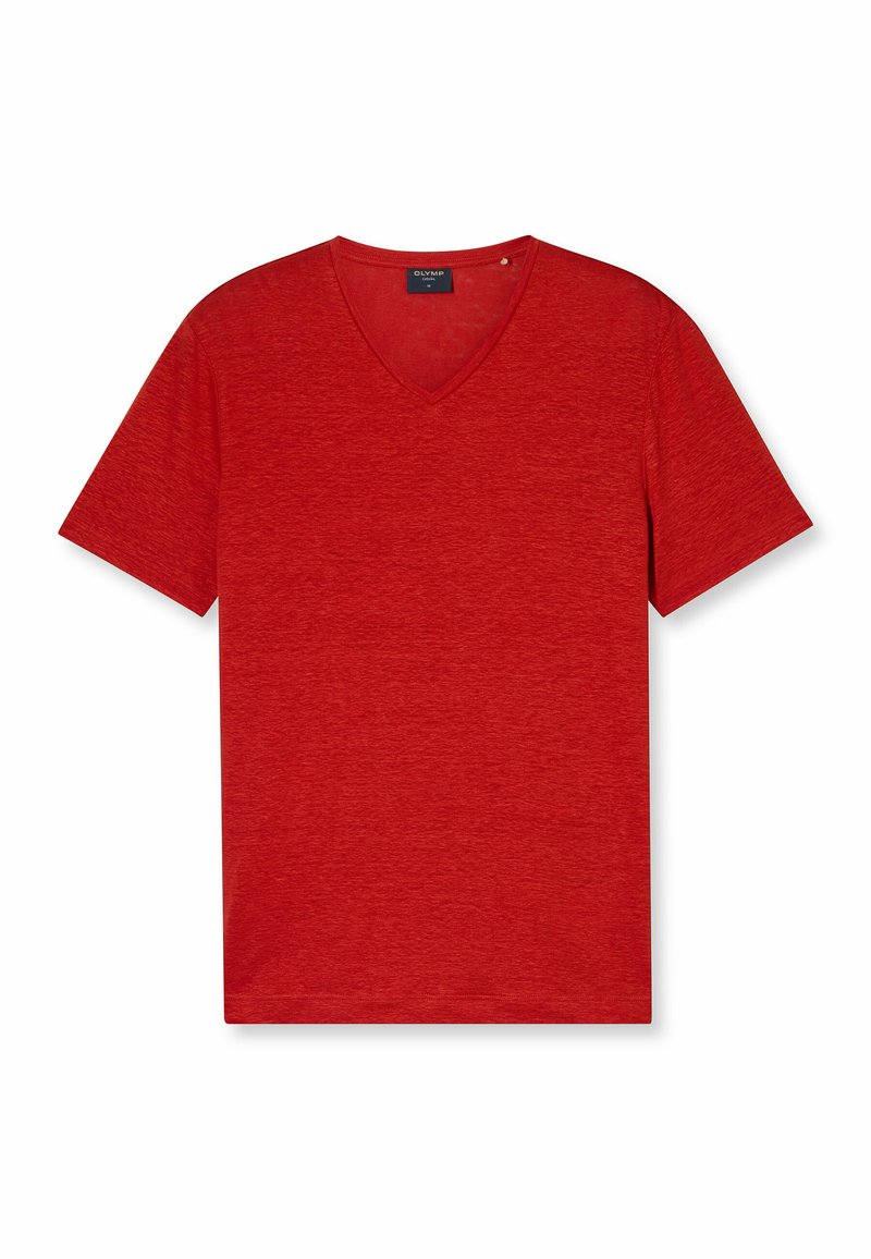 T-shirt rosso a V con maniche corte, realizzato in tessuto leggero. Vestibilità rilassata, presenta una leggera trama senza motivi o accenti visibili.
