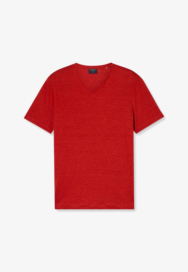 Rode V-hals t-shirt van lichtgewicht stof. Korte mouwen, relaxte pasvorm, met een subtiele textuur en zonder zichtbare patronen of accenten.