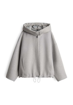 Lichtgrijze zip-up jas met brede mouwen en een gewatteerde staande kraag met drukknoopjes, weergegeven op een witte achtergrond.