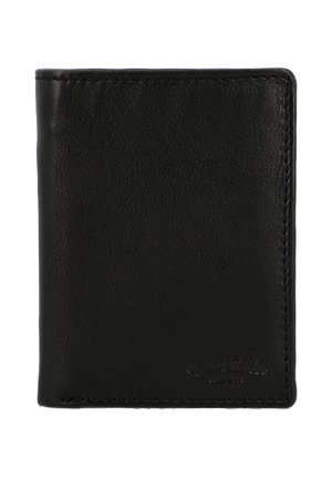 Čierna skladaná kožená peňaženka s jemným reliéfom loga v pravom dolnom rohu na bielom pozadí.