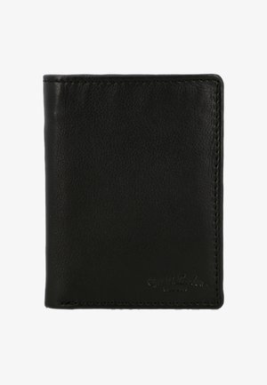 Must nahast voltitud rahakott peene reljeefse logoga alumises paremas nurgas valgel taustal.