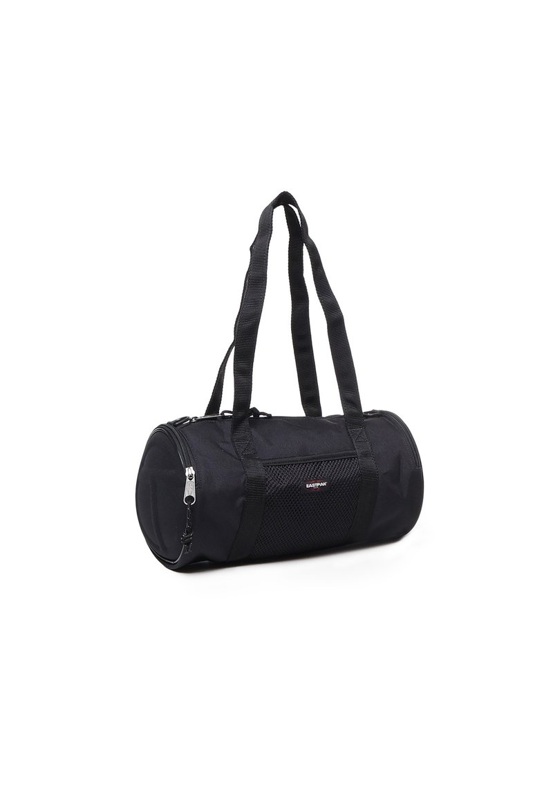Sac de sport cylindrique noir en tissu résistant, doté de deux sangles de transport, d'une ouverture zippée et d'un panneau en filet pour la ventilation.