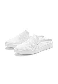 White slip-on shoes with a textured woven upper, featuring a smooth rubber sole, rounded toe, and minimal branding on the side.