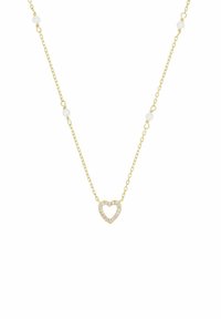 Collana in oro con pendente a forma di cuore decorato con piccoli strass trasparenti, intervallati da perle bianche rotonde.