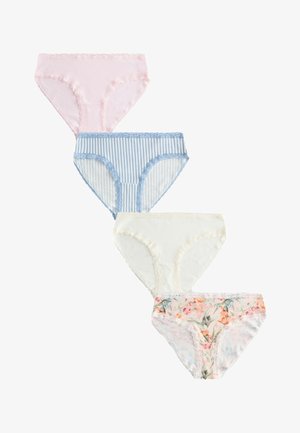 Quatre sous-vêtements féminins à bordure en dentelle, en rose, à rayures bleues, blancs et à motifs floraux, disposés verticalement sur un fond blanc.