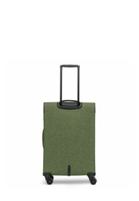 Groene stoffen koffer met een gestructureerd oppervlak, uittrekbare zwarte handgreep en vier wielen voor gemakkelijke mobiliteit. Beschikt over een bovencompartiment dat open gaat.
