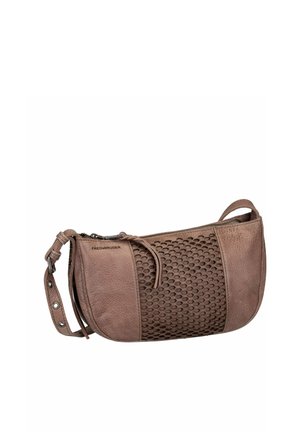 Brown leather crossbody bag featuring a textured honeycomb design, zip closure, and an adjustable strap. Accents include metal hardware.