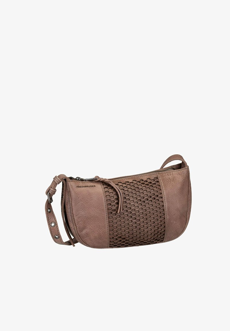 Brown leather crossbody bag featuring a textured honeycomb design, zip closure, and an adjustable strap. Accents include metal hardware.